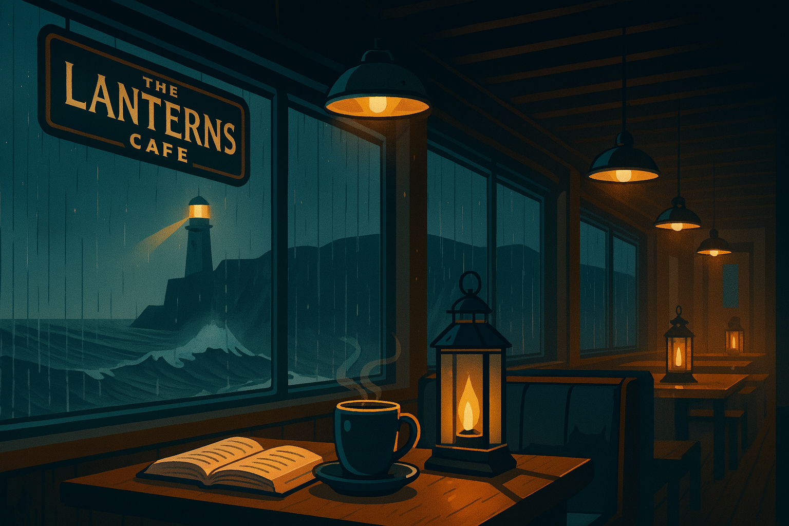 Lanterns Cafe Books — stormy seaside cafe with warm lanterns